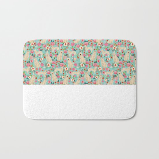 Golden retrievers must have florals mint pastel gender neutral dog art cute pet portraits labrador Bath Mat