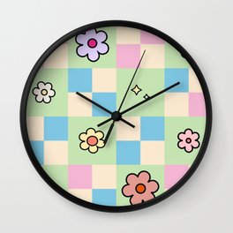 Checkered Flower Pastel Checker Pattern Wall Clock