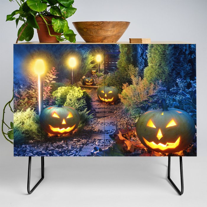 Dark Blue Garden Patio with Jack-o-Lanterns Credenza