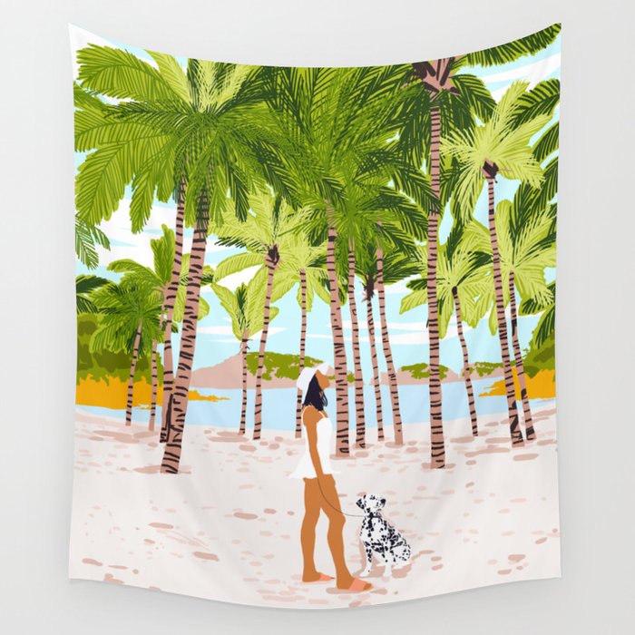 The Happy Spots, Dalmatian Dog Pets, Bohemian Woman Beach Tropical Palm Fashion Illustration Wall Tapestry