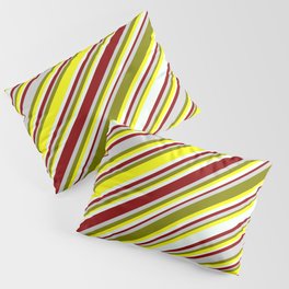 [ Thumbnail: Eyecatching Green, Yellow, Mint Cream, Dark Red, and Light Gray Colored Lined Pattern Pillow Sham ]