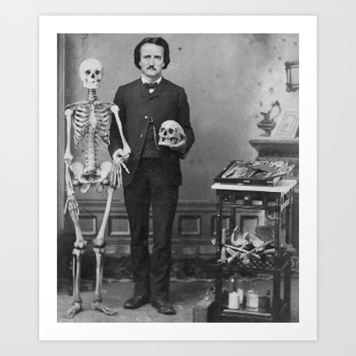 Edgar Allan Poe with Skull and Skeleton macabre black and white photograph Art Print