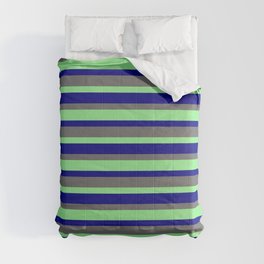 [ Thumbnail: Dim Grey, Light Green & Blue Colored Pattern of Stripes Comforter ]