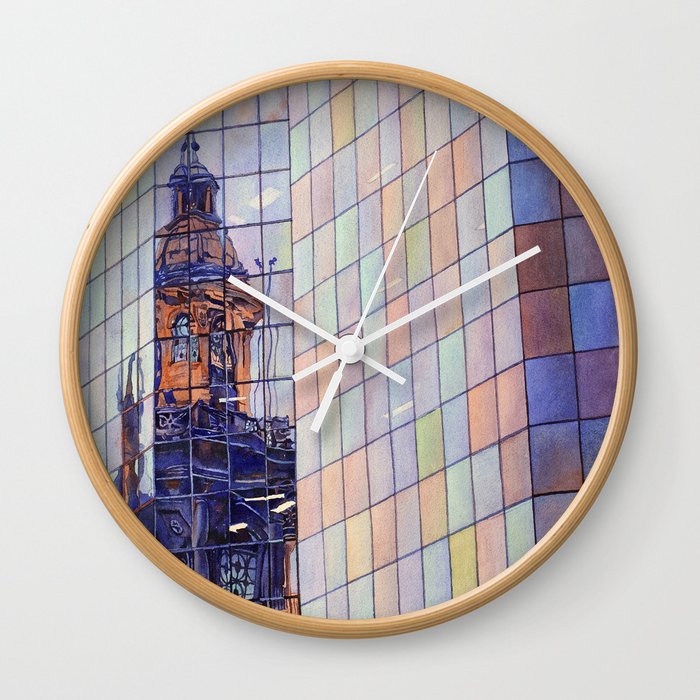 Watercolor painting of the neo-classical facade of the Cathedral on the Plaza de Armas in Santiago, Wall Clock