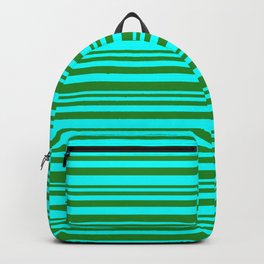 [ Thumbnail: Forest Green & Cyan Colored Striped Pattern Backpack ]