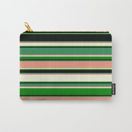 [ Thumbnail: Eye-catching Sea Green, Dark Salmon, Beige, Green, and Black Colored Lined Pattern Carry-All Pouch ]