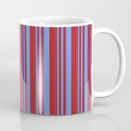 [ Thumbnail: Cornflower Blue & Red Colored Lines/Stripes Pattern Coffee Mug ]