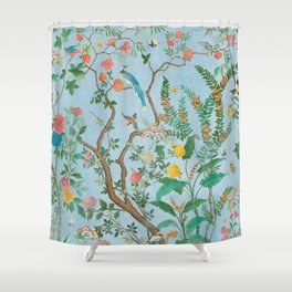 Chinoiserie Pastel Blue Floral Bird Garden Shower Curtain