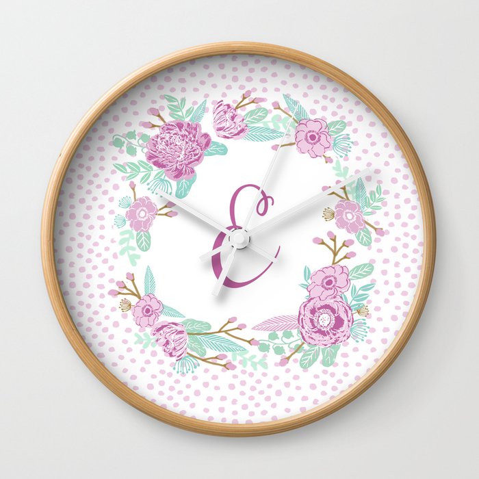 Monogram E - cute girls purple florals flower wreath, lilac florals, baby girl, baby blanket Wall Clock