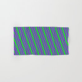 [ Thumbnail: Lime & Purple Colored Striped/Lined Pattern Hand & Bath Towel ]