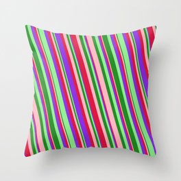 [ Thumbnail: Eye-catching Light Pink, Crimson, Purple, Light Green, and Forest Green Colored Stripes Pattern Throw Pillow ]