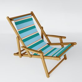 [ Thumbnail: Coral, Beige, Dark Cyan & Sky Blue Colored Stripes Pattern Sling Chair ]