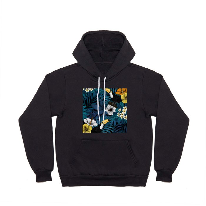 Toucans and tropical flora, blue , yellow , orange and white Hoody