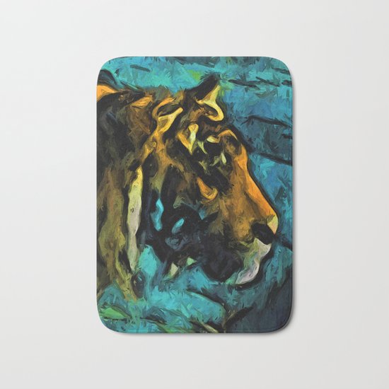 Gold Tiger with Black Lines and some Blue Bath Mat