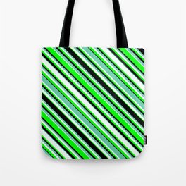 [ Thumbnail: Aquamarine, Mint Cream, Lime, and Black Colored Pattern of Stripes Tote Bag ]