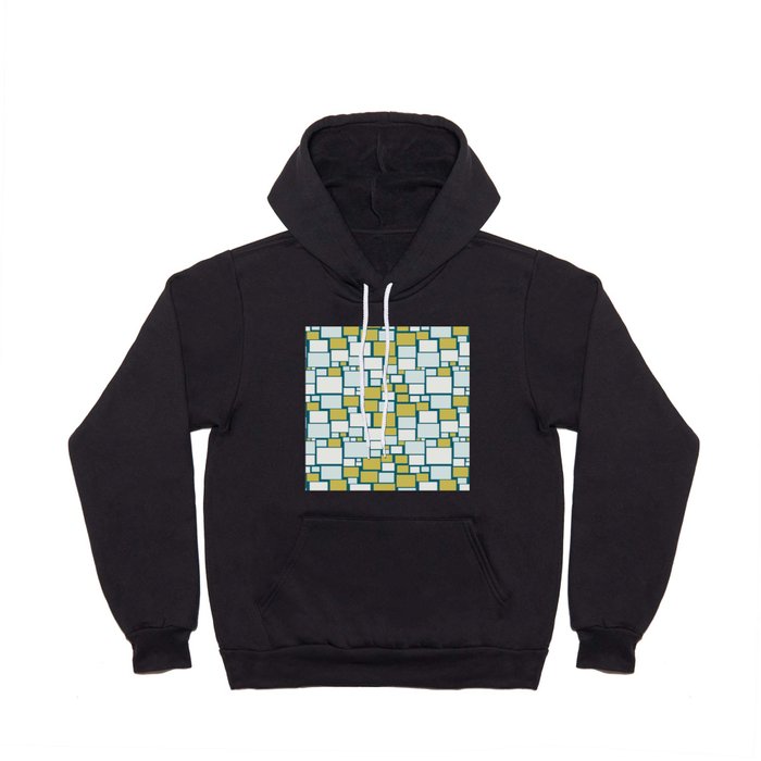 Off White, Pale Blue, Dark Yellow Funky Mosaic Squarre Pattern on Dark Teal Inspired by Sherwin Williams 2020 Trending Color Oceanside SW6496 Hoody