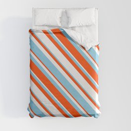 [ Thumbnail: Sky Blue, Red & White Colored Stripes/Lines Pattern Duvet Cover ]