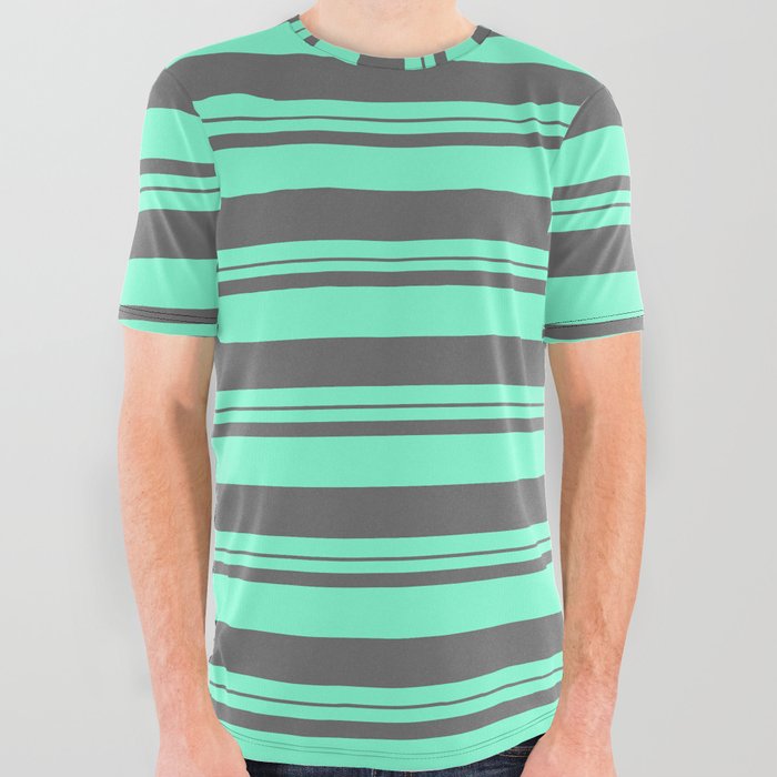 Aquamarine & Dim Gray Colored Lines Pattern All Over Graphic Tee