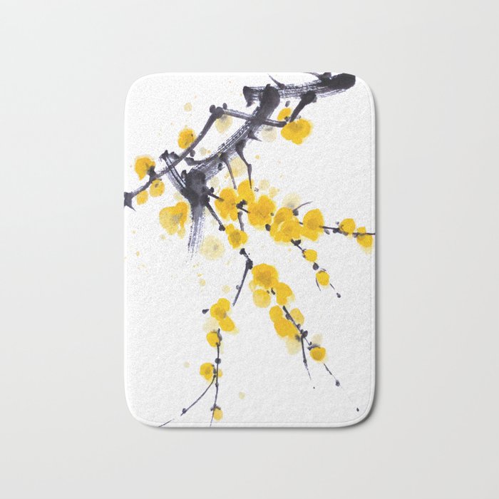 Wintersweet sumie ink and watercolor painting Bath Mat