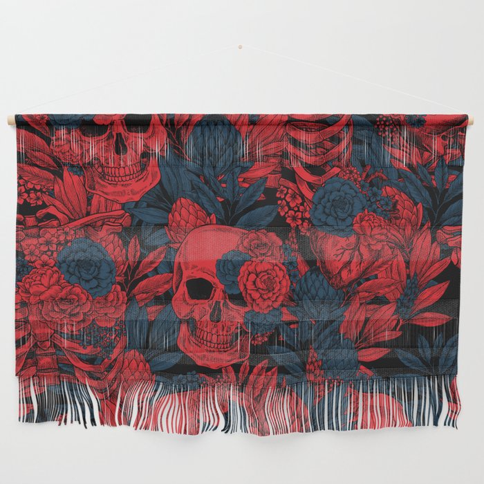 Skulls and Flowers Black Red Blue Vintage Wall Hanging
