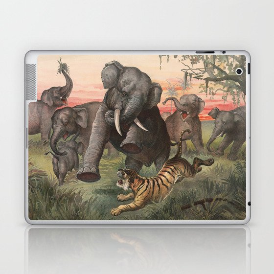 Herd Of Elephants Charging A Tiger - Vintage Lithograph - 1880 Laptop & iPad Skin