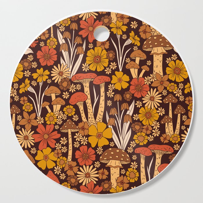 Retro 1970s Brown & Orange Mushrooms & Flowers Cutting Board