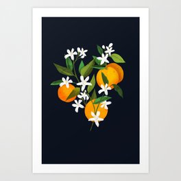 Orange Tree Branch with Fruit and Flowers - Navy Art Print
