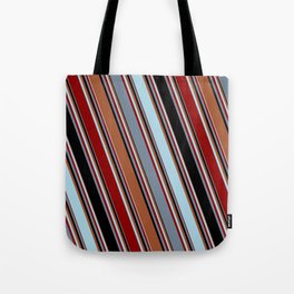 [ Thumbnail: Sienna, Light Blue, Dark Red, Light Slate Gray, and Black Colored Pattern of Stripes Tote Bag ]
