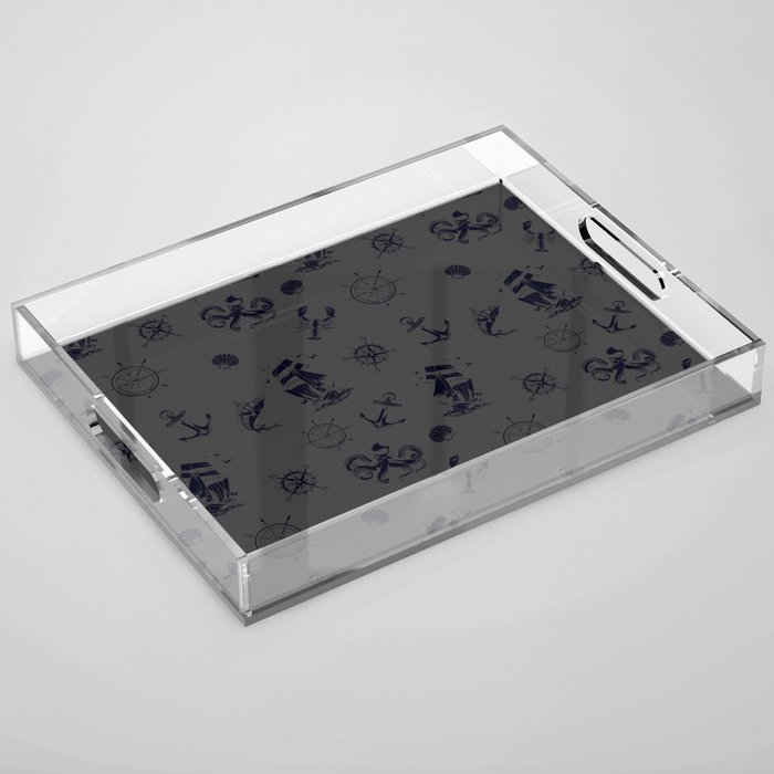 Dark Grey And Blue Silhouettes Of Vintage Nautical Pattern Acrylic Tray