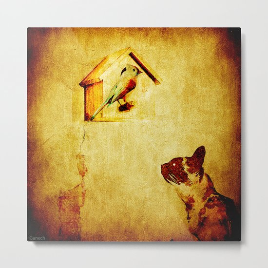 Cat and Bird Metal Print