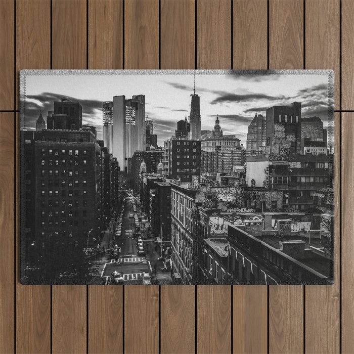 New York City skyline and Chinatown neighborhood in Manhattan black and white Outdoor Rug