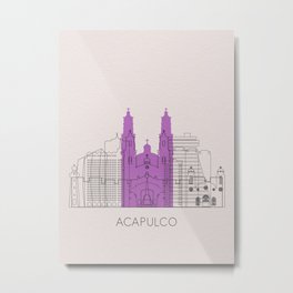 Acapulco Landmarks Poster Metal Print | Monuments, Minimalist, Colorful, Art, South, Purple, Downtown, Acapulco, Mexican, Cityscape 