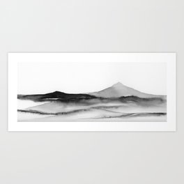 Shadows of the Summit I - Black and White Panoramic Wall Art, Mountain Range Watercolor Painting, Modern Abstract Nature Art Art Print