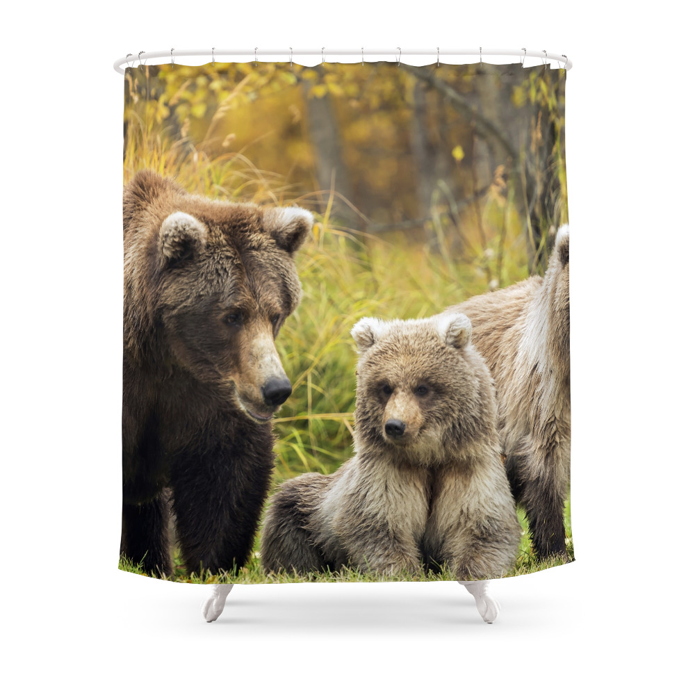Breathtaking Group Of Lovely Grizzly Bears Chilling On Meadow Ultra High Definition Shower Curtain by designcloud