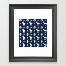 Christmas Pattern White Navy Blue Snowflake Deer Framed Art Print