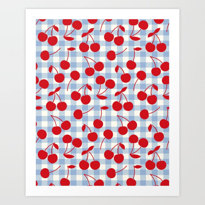 Red Cherries & Baby Blue Gingham Art Print