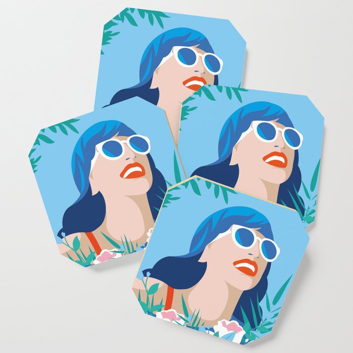 Blue Retro Summer Girl Coaster