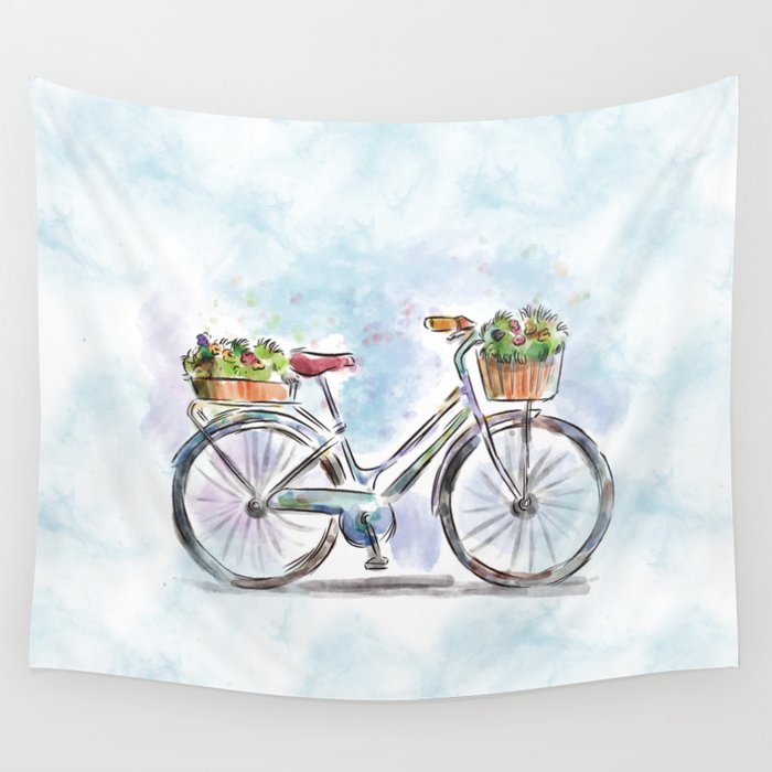 Spring Bicycle Watercolor with Flowers Wall Tapestry