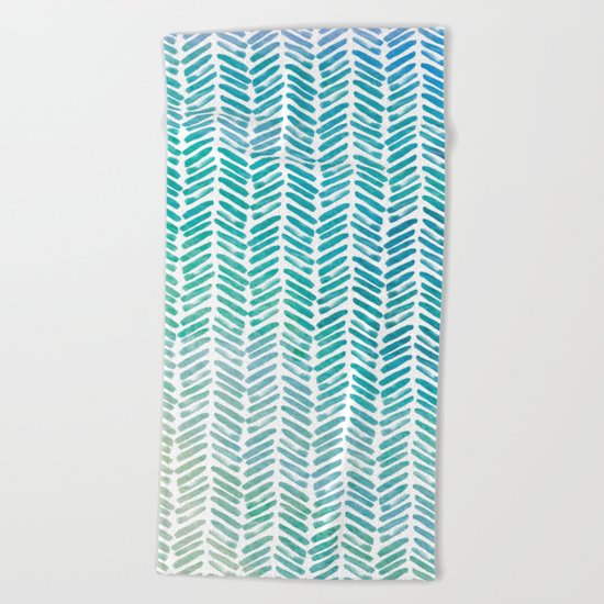 Handpainted Herringbone Chevron pattern-small-aqua watercolor on white Beach Towel