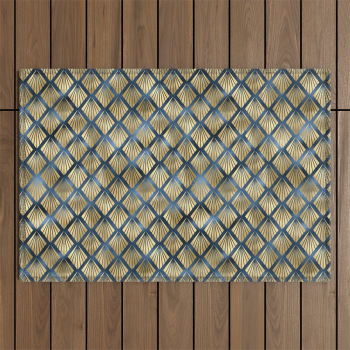 Blue Gold Art Deco Pattern Outdoor Rug