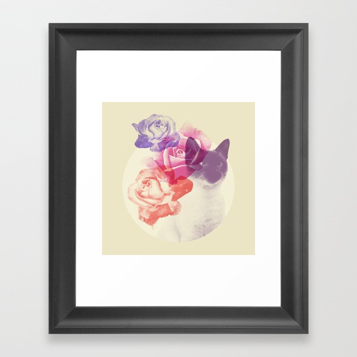 Siamese cat with three roses Framed Art Print