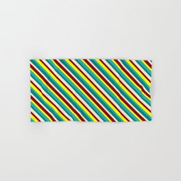 [ Thumbnail: Vibrant Yellow, Light Sea Green, Teal, Beige & Dark Red Colored Lined Pattern Hand & Bath Towel ]