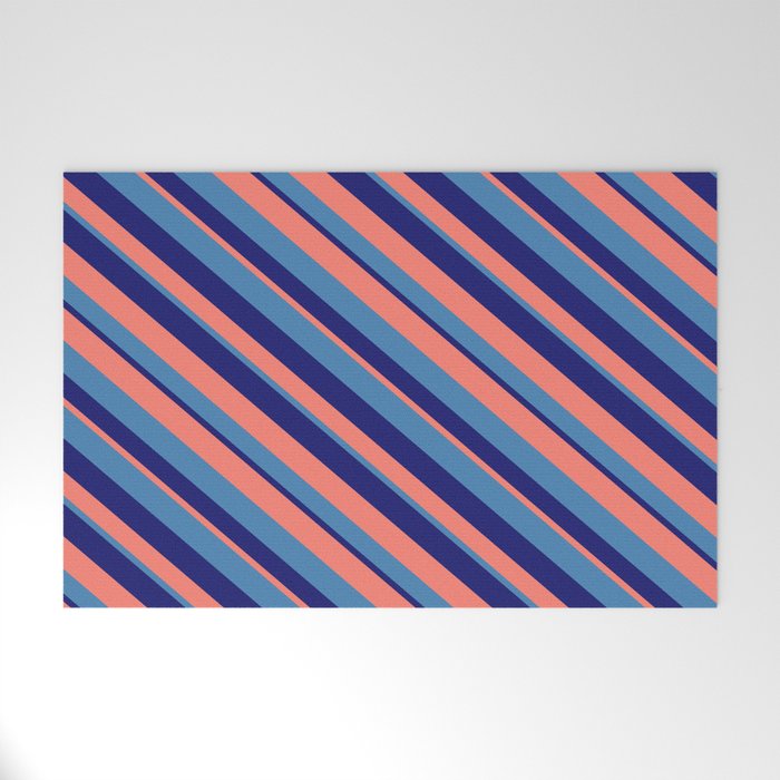 Blue, Midnight Blue, and Salmon Colored Stripes Pattern Welcome Mat