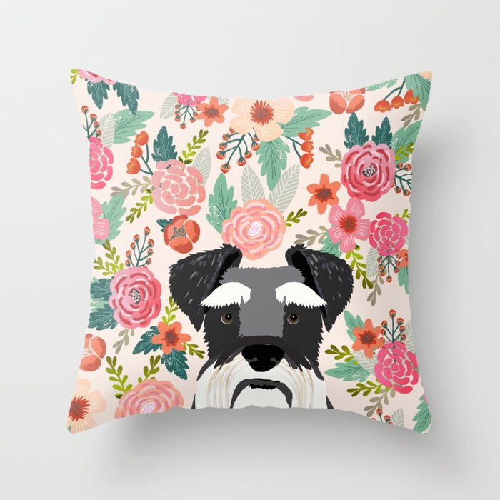 Schnauzer florals dog portrait dog art pet portraits by pet friendly Throw Pillow