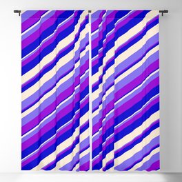 [ Thumbnail: Beige, Medium Slate Blue, Dark Violet & Blue Colored Stripes Pattern Blackout Curtain ]