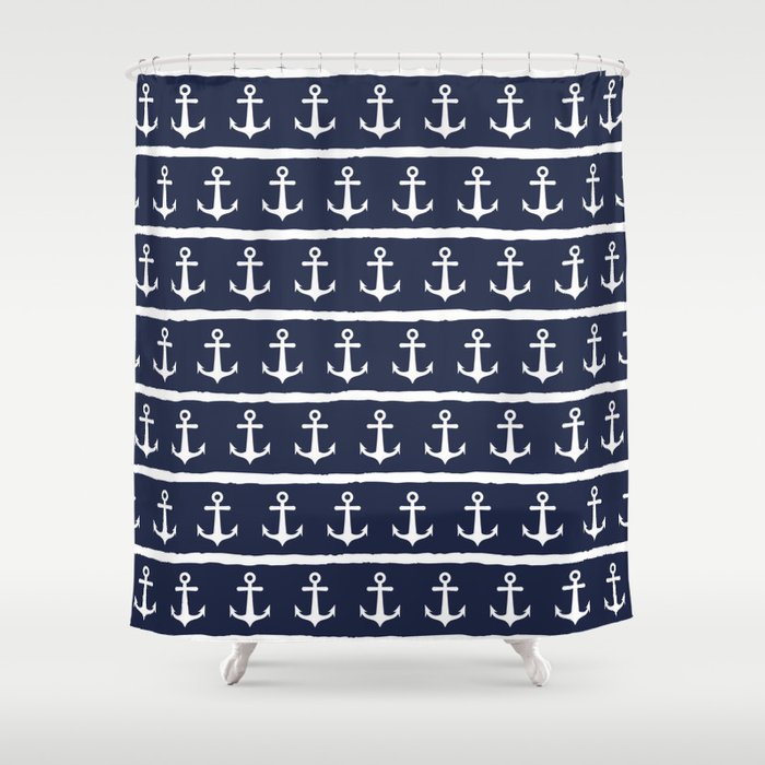 Nautical Navy Blue White Anchors Stripes Shower Curtain