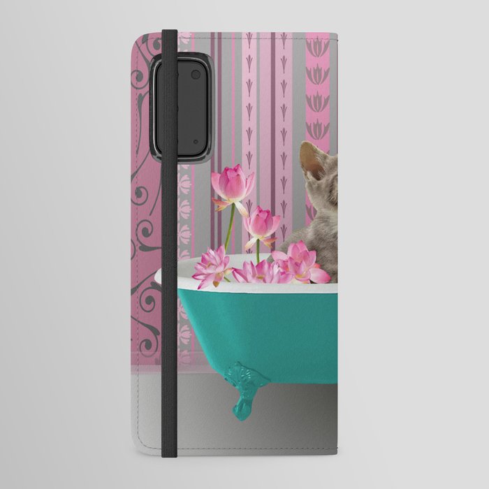 Turquoise Bathtub wit grey Kitty Cat and Lotus Flowers Android Wallet Case