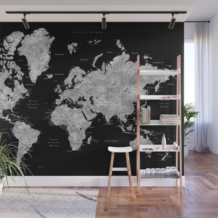 Black and grey watercolor world map with cities Wall Mural