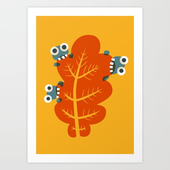 Cute Bugs Eat Autumn Leaf Art Print