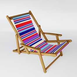 [ Thumbnail: Eye-catching Beige, Red, Dark Orchid, Sky Blue, and Dark Blue Colored Stripes/Lines Pattern Sling Chair ]
